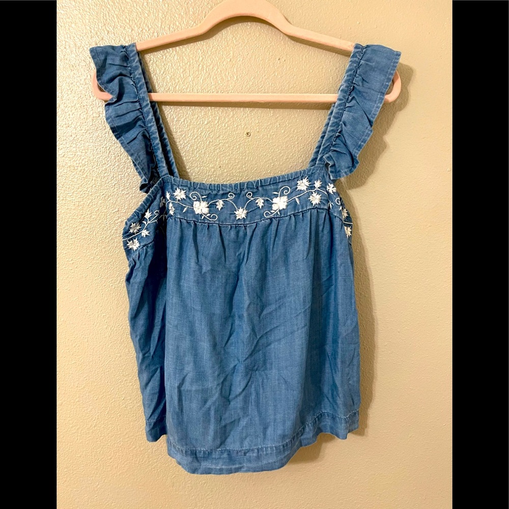 Francesca’s blue with white embroidered floral top